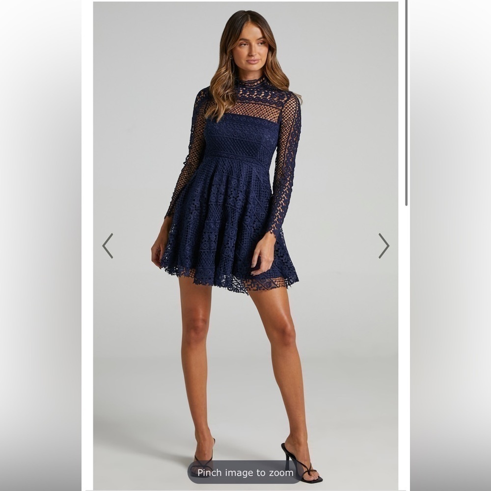 Showpo Hidden Figures Mini Dress in Navy Lace Women’s 14 A-Line High Neck - Picture 15 of 16